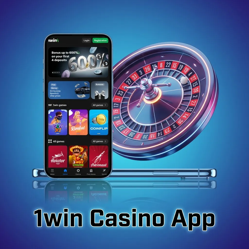 1win Casino App interface showing sports betting, slots, table games, and live dealer options from top providers.