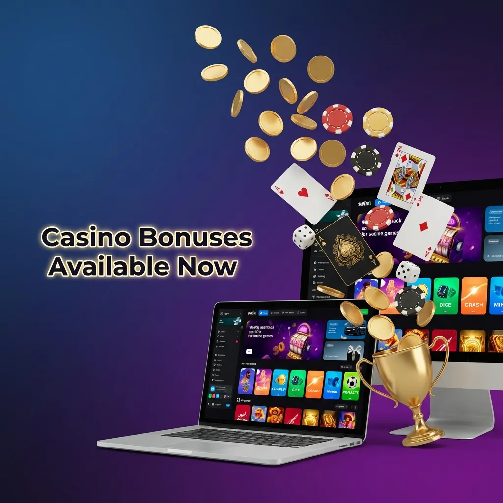 Casino promotional offers including welcome bonus, reload bonus, cashback rewards, and free spins on slot games
