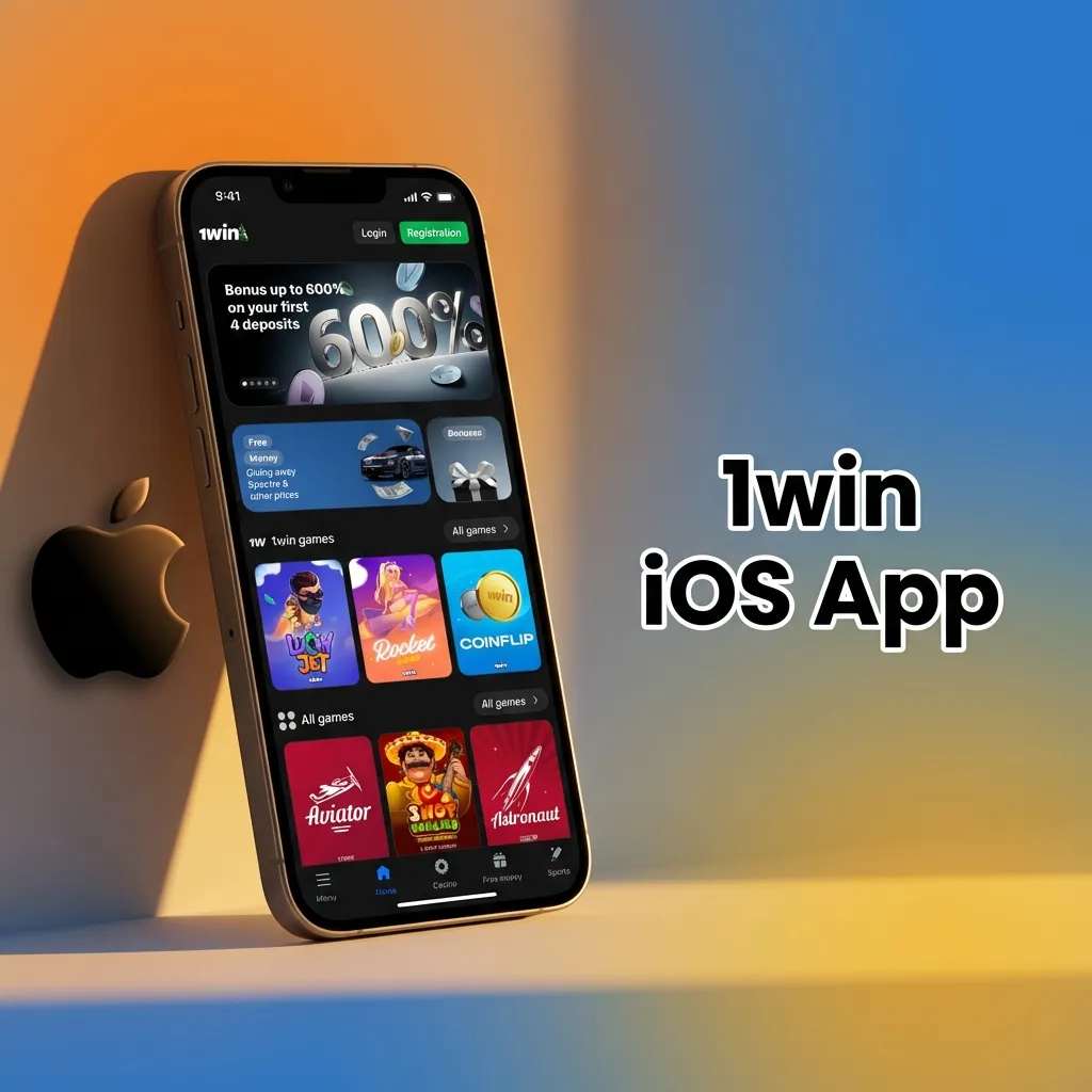 1win iOS app interface on iPhone showing betting and casino features with download button