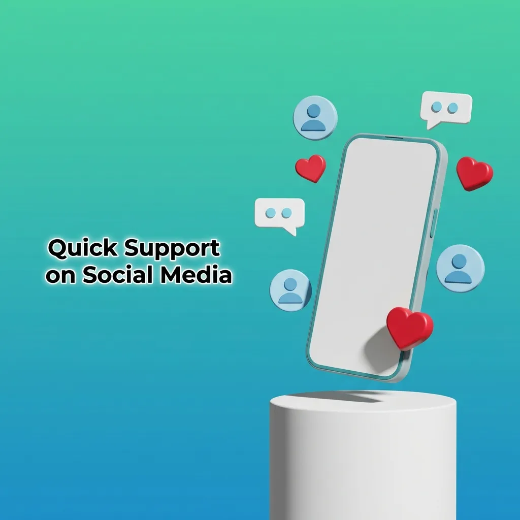 Social media icons showing Telegram, WhatsApp, Facebook, and Twitter for quick customer support messaging