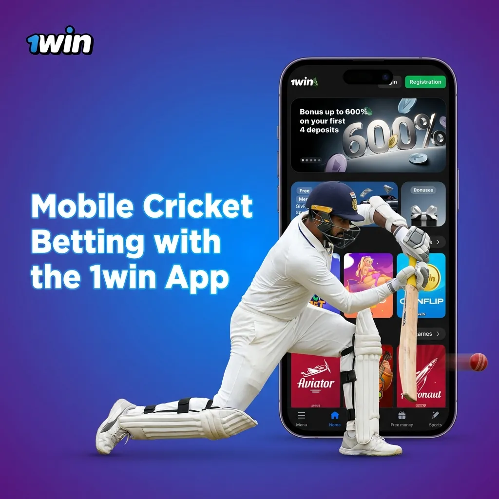 1win mobile cricket betting app interface showing live matches, odds, and bet placement on smartphone screen