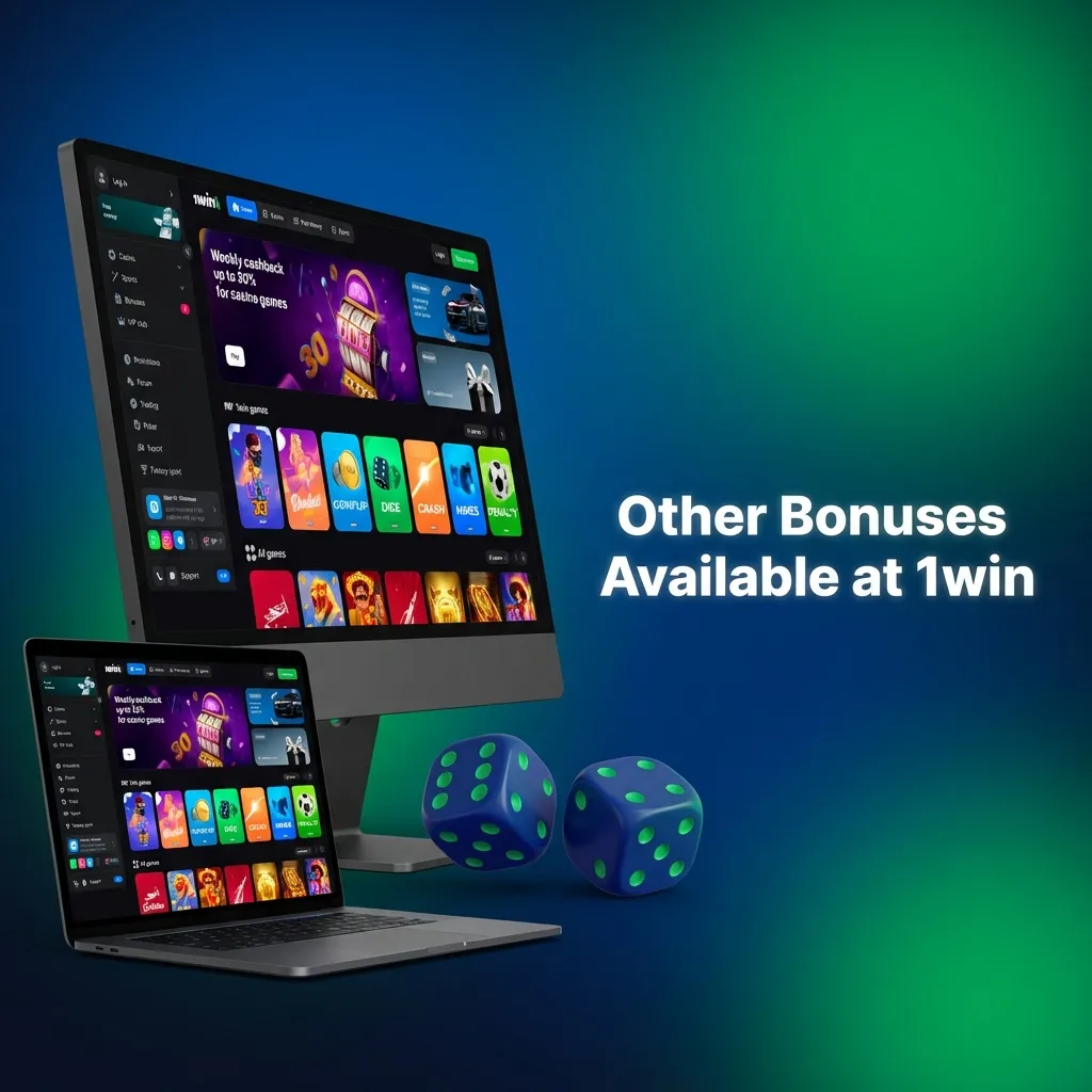 1win bonus options including cashback, reload bonuses, free bets for sports, and VIP program rewards for players